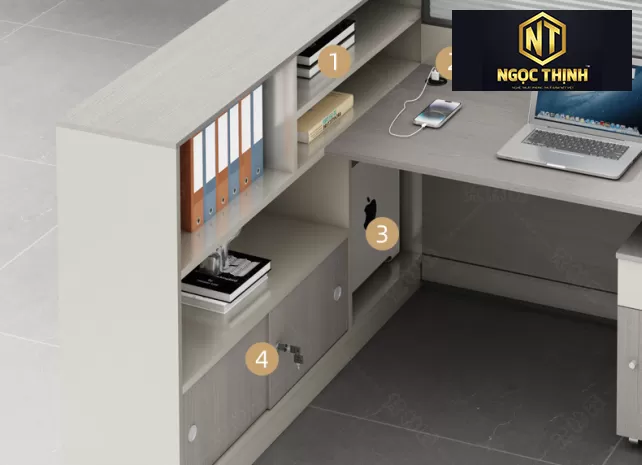 Mẫu bàn làm việc nhóm kết hợp với kệ sách-lỗ cắm điện tại Nội Thất Ngọc Thịnh